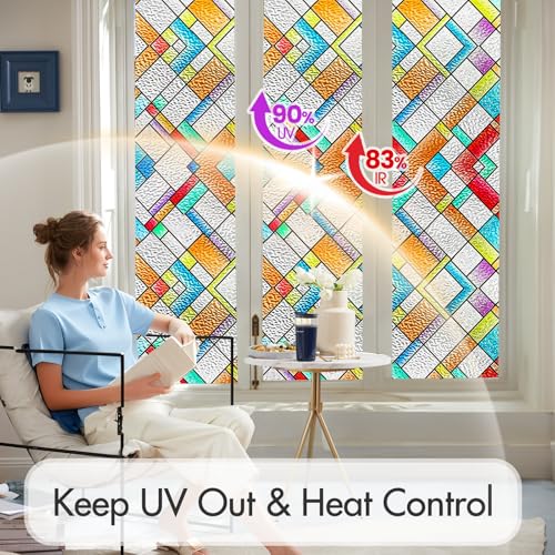 Image of SUNBABY Stained Glass Window Privacy Film, Decorative Windows Cling 3D Gothic Window Coverings,UV Sun Blocking Static Window Film Decals for Home Bathroom Door(35.4 inchx157.4 inch)