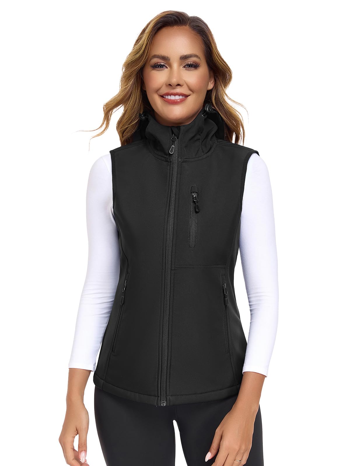 CMTOP Gilet Donna Softshell Impermeabile con Cappuccio, Fodera Leggera in Pile Smanicato Gilet, Antivento Sportivo Giacca Senza Maniche con Tasca per Primaverile Autunno Invernale