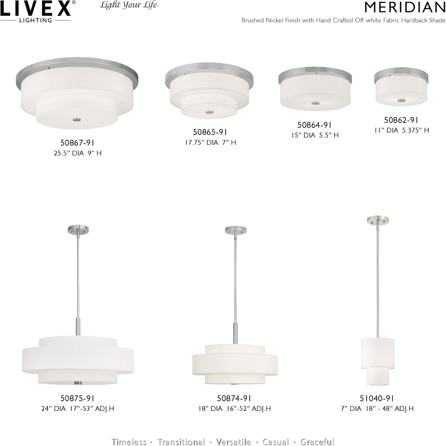 Livex Lighting Fabric Shade 50874-91 Meridian 4-Light Pendant, Brushed Nickel , Silver,18"L x 18"W x 52"H