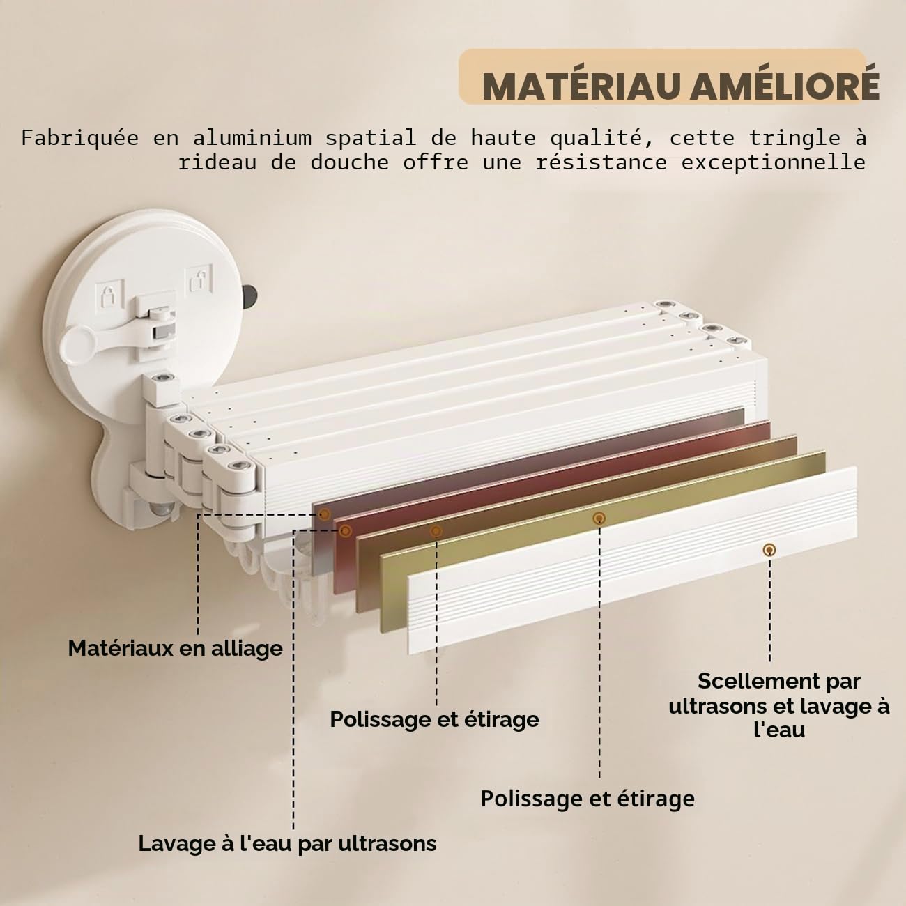 Tringle à rideau de douche pliable à fixation murale, sans perforation, ventouses à 360°, pour salle de bain, baignoire, étagère à linge rétractable à 4 volets, 137,2 cm