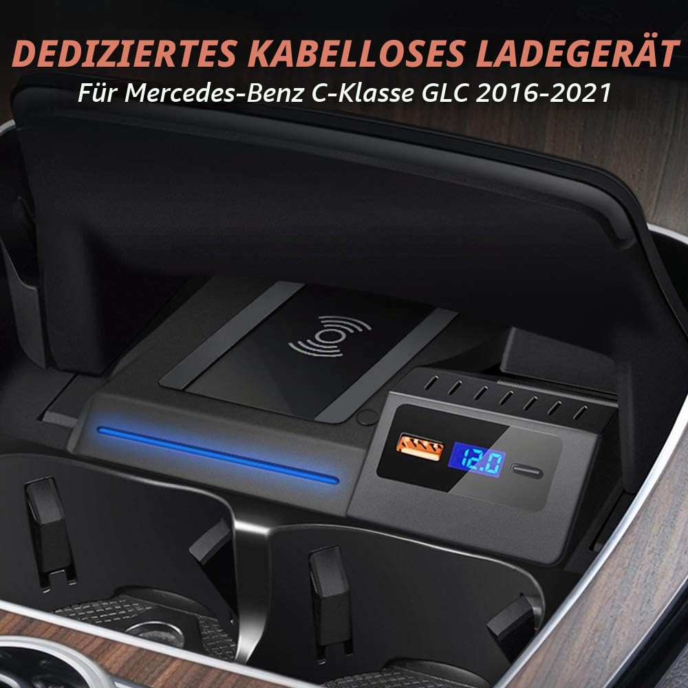 Upgrade Kabelloses Ladegerät Auto für Mercedes-Benz C-Class GLC 2021 2020 2019 2018 2017 2016, 15W Wireless Schnell-ladegerät mit QC3.0 USB und 18W PD für iPhone 12/11/X Samsung S20/S10/S9