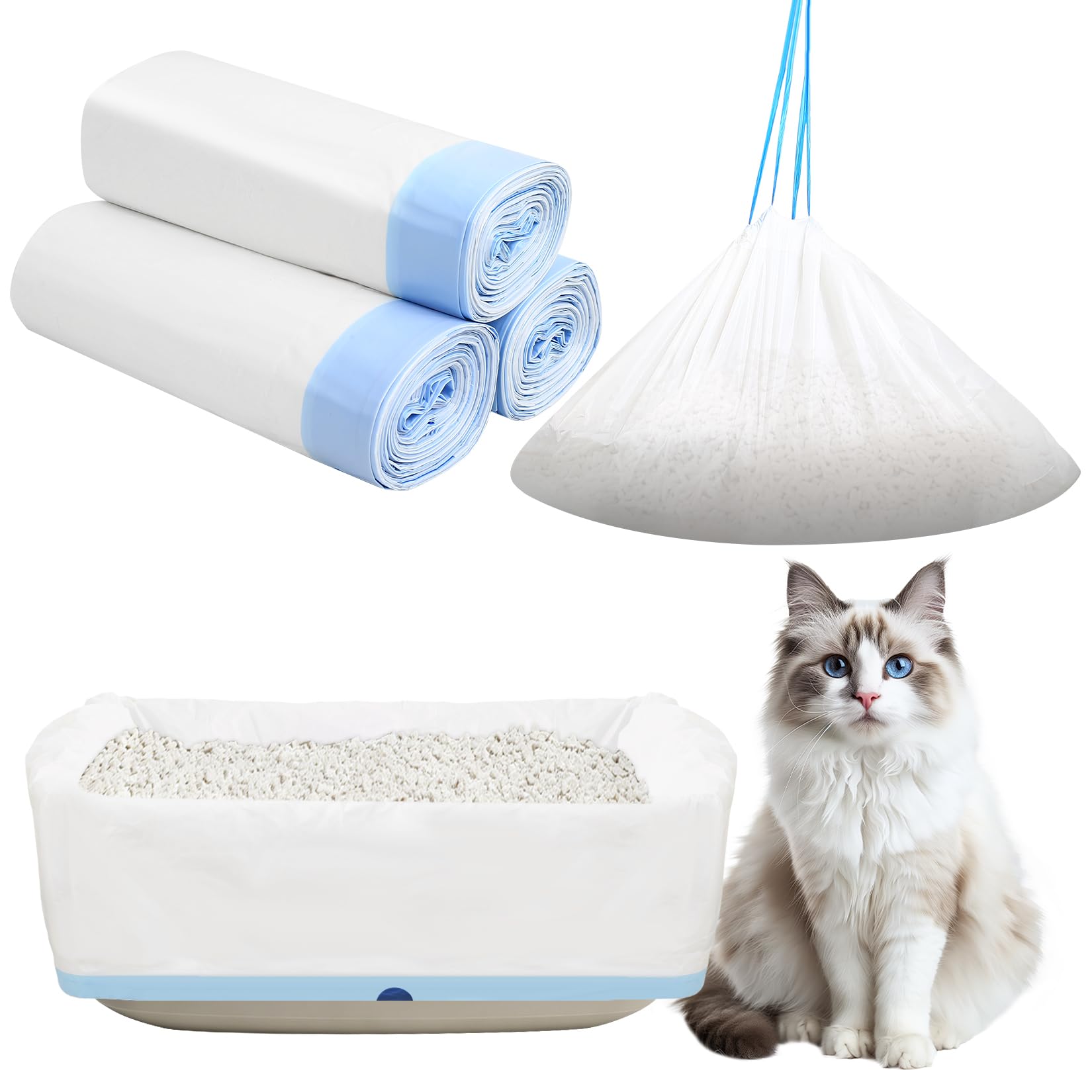 30 PcsCat Litter Bags Liners for Automatic Self Cleaning Cat Litter Tray Liners, Scratch Resistant Cat Litters Box Bags with Drawstring Handles for Automatic Litters Trays(94 x 45 cm / 37 x 17.7 in)