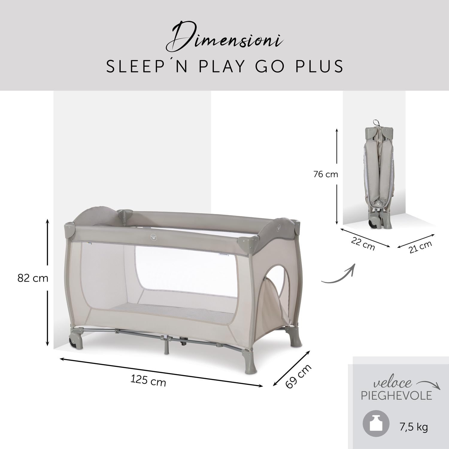 hauck Lettino Da Viaggio Sleep N Play Go Plus - Culla Neonato fino a 15kg - Letto Pieghevole 60x120cm - Box Bambini con Ruote, Apertura Laterale e Borsa - Beige