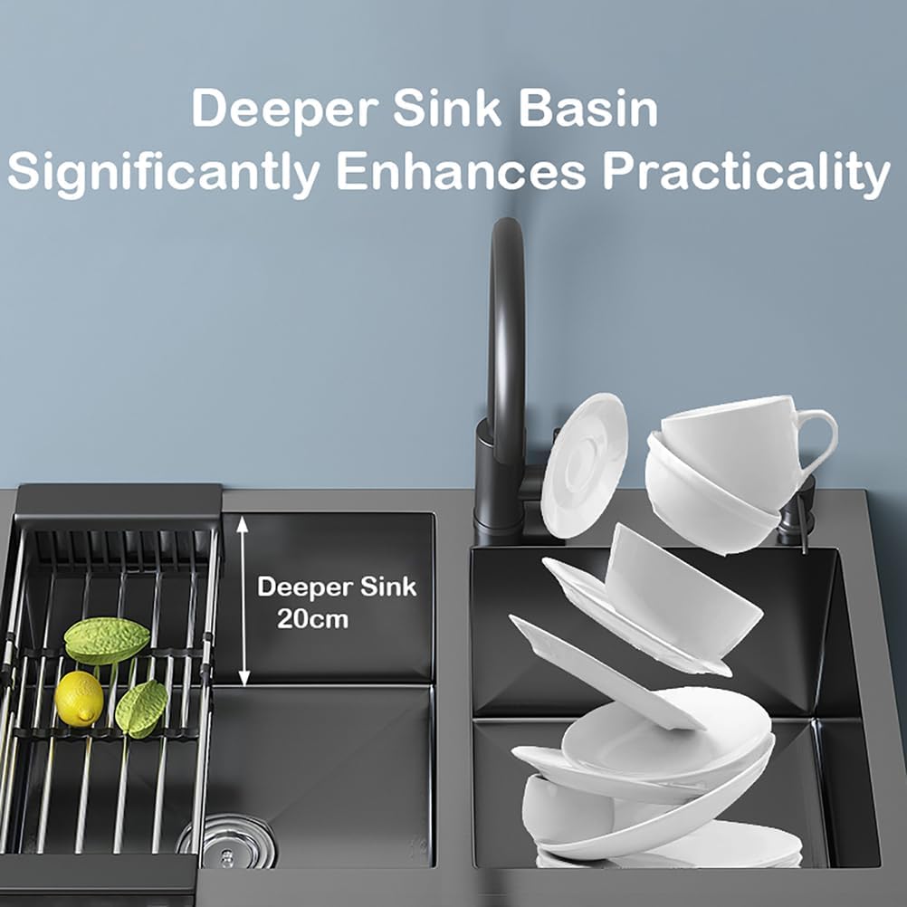 29/31In Stainless Steel Laundry Sink,Cabinet Free Standing Utility Sink,Modern Double Bowl Sinks,with Pull-Down Faucet,Multi-Use for Bathroom Laundry Room Kitchen Garage,Black,81 * 43 * 77cm