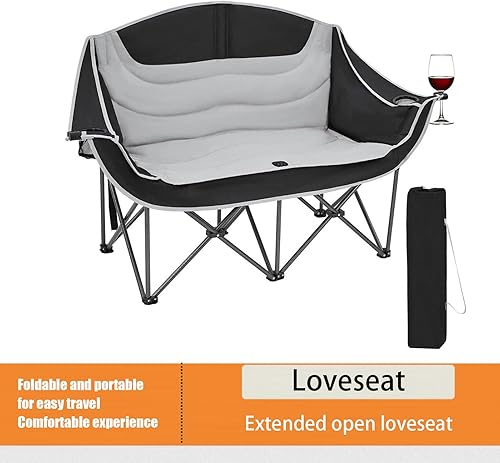Miniatura 7 de Silla de campamento de doble asiento, plegable y resistente, silla portátil de gran tamaño con marco resistente, asiento cómodo para picnic,