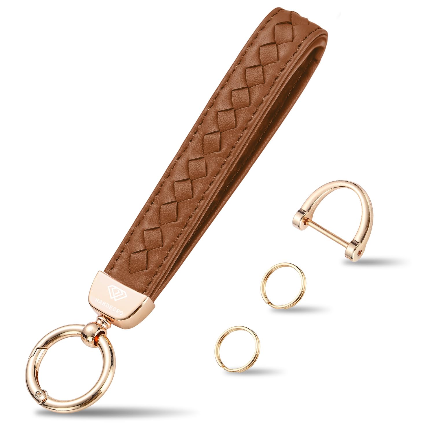 Hamdecro Genuine Leather Car Keychain, Handmade Knit Sheepskin Key chains for Women, Universal Key Fob Holder with 360 Degree Rotatable, Anti-Lost D-Ring, 2 Keyrings and 1 Screwdriver, Brown