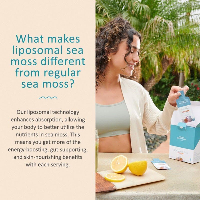 Akasha Superfoods Irish Sea Moss Gel, Liposomal Seamoss with Irish Sea Moss, Vitamin E, Citrus, Organic Vanilla, Glycerin, Skin, Energy & Gut Health Support for Women & Men, Sweet Citrus Flavor, 30 Ct - Image 8