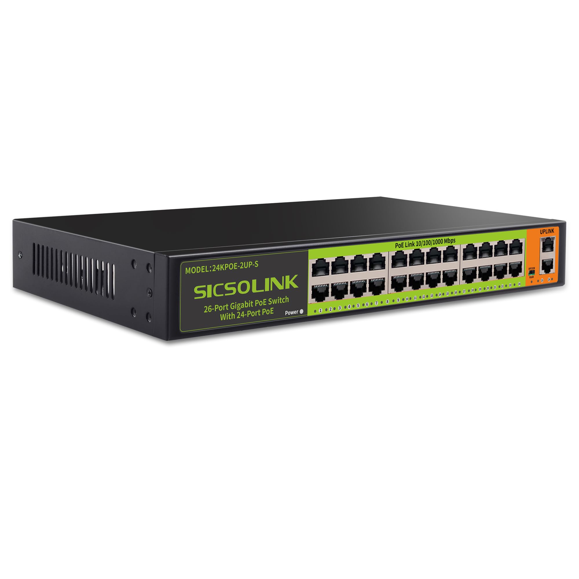 SICSOLINK 24 Port Full Gigabit PoE+ Switch, 2 Gigabit Network Uplink, 400W, Unmanaged, Fanless Silent Operation, 802.3af/at, 19''Rackmount, Qos,