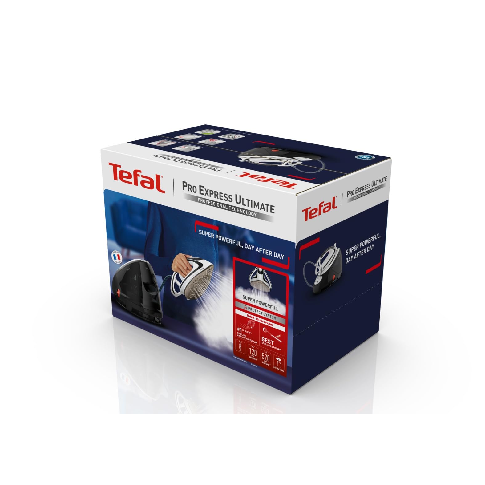 Tefal Pro Express Ultimate Dampfbügelstation, starker 8-Bar-Druck, Dampfstoß: 520 g/Min., 1,9 L Wassertank, Antikalk-Kollektor, Anti-Tropf-System, Bügeleisen Dampfstation, schwarz/weiß, GV9550