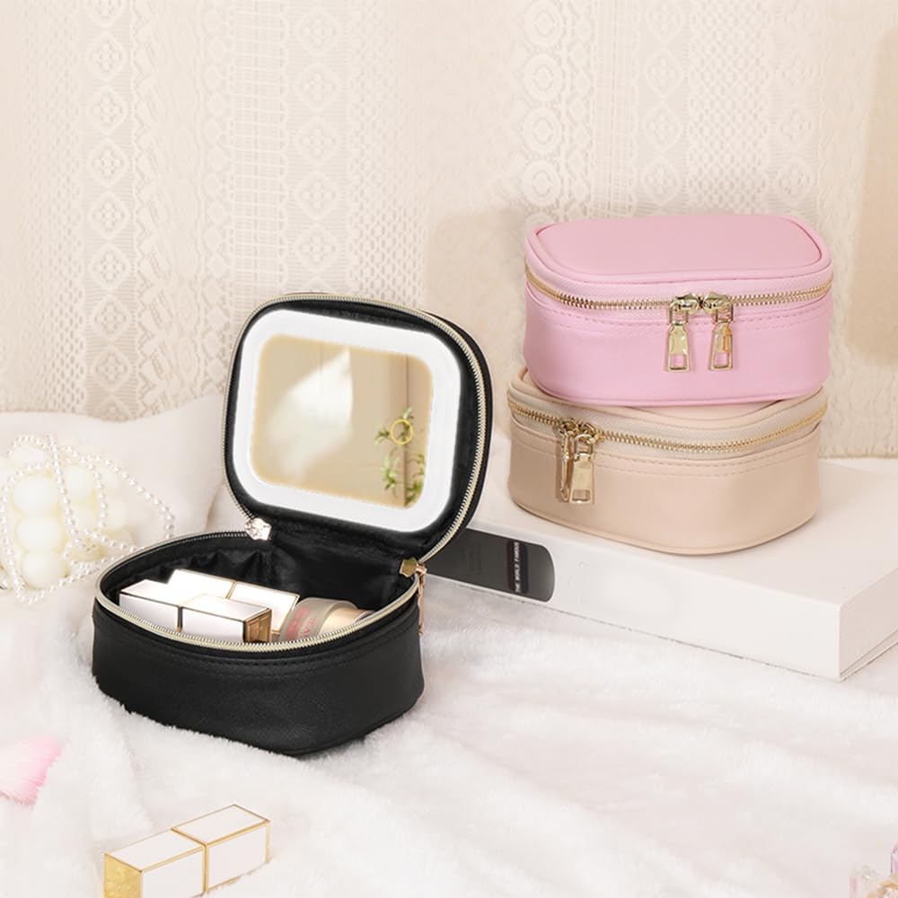 Small Makeup Bag with LED Mirror, Mini Cosmetic Bag for Purse,3 Adjustable Brightness,PU Material,USB Charging,5.9 x 4.5 x 2.8 inch,Cute Preppy Black - Image 5