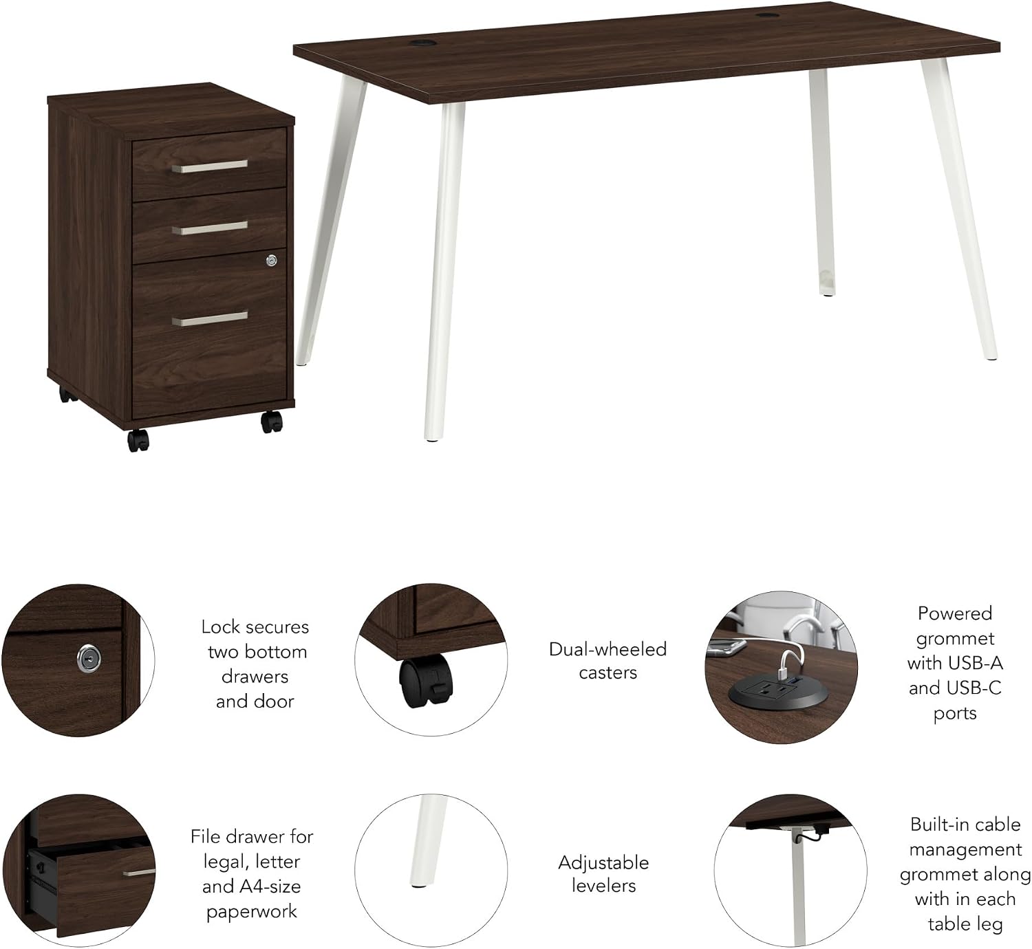 Bush Business Furniture Computer Desk 60 inch with 3 Drawer Mobile File Cabinet, Gaming Table with Storage for Home Office, Vista Collection, Modern, Dark Brown/White