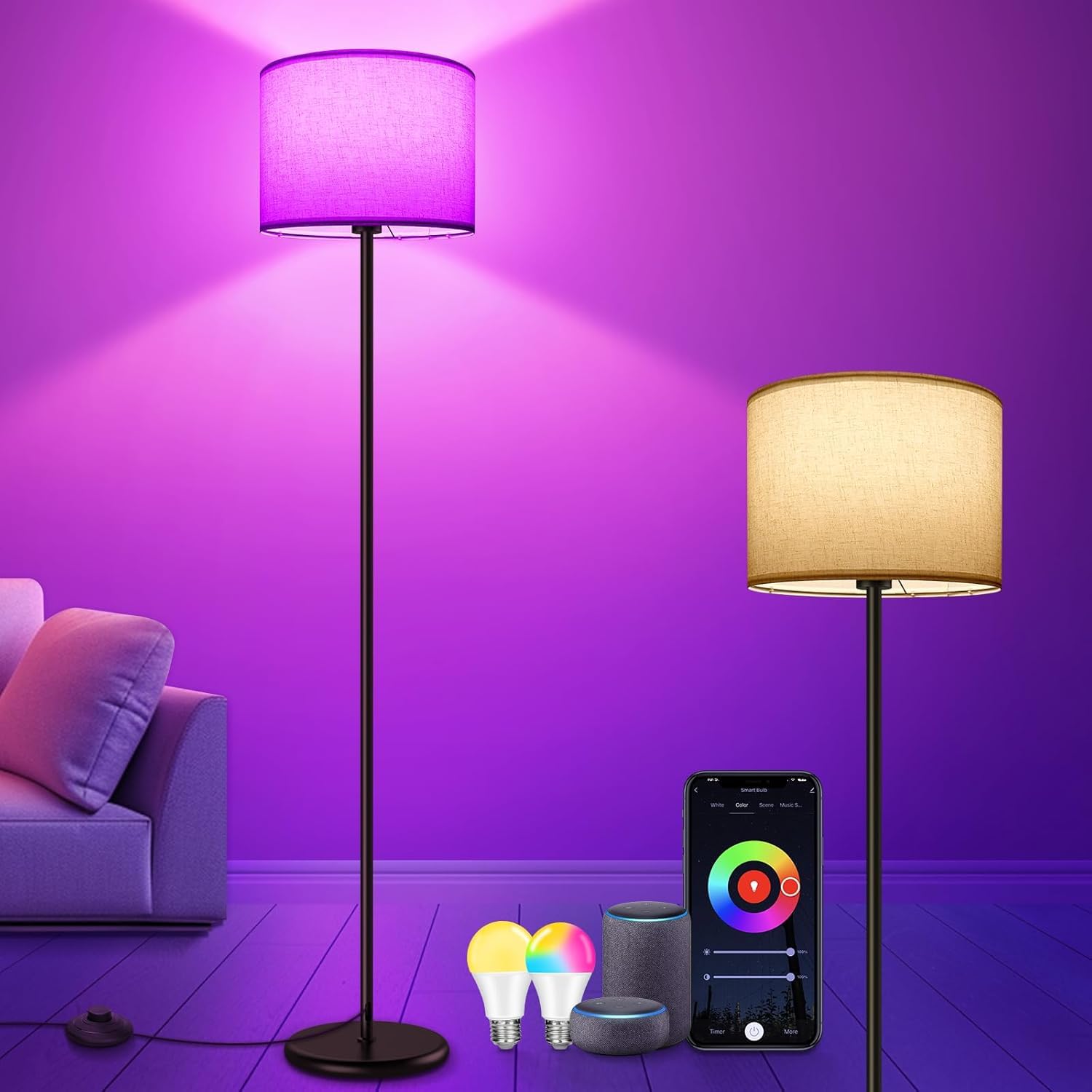 Floor Lamp, RGB Standing Lamp for Living Room, Dimmable, App-Controlled (Compatible with Alexa/Google Assistant), 16 Million Colors, DIY Mode, Music Mode & Timer Function, WiFi E27 Floor Lamp