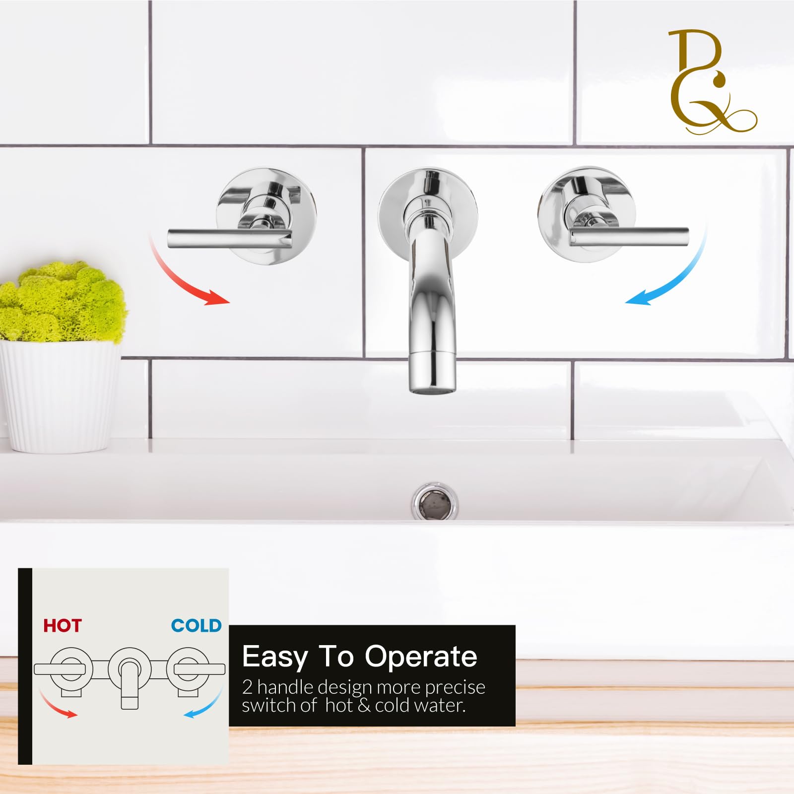 brassqueen Wall Mount Bathroom Sink Faucet Brass Sink Faucet 360 Degree Swivel Spout Rough-in Valve Included Widespread Bathroom Faucet Polished Chrome Level Handles