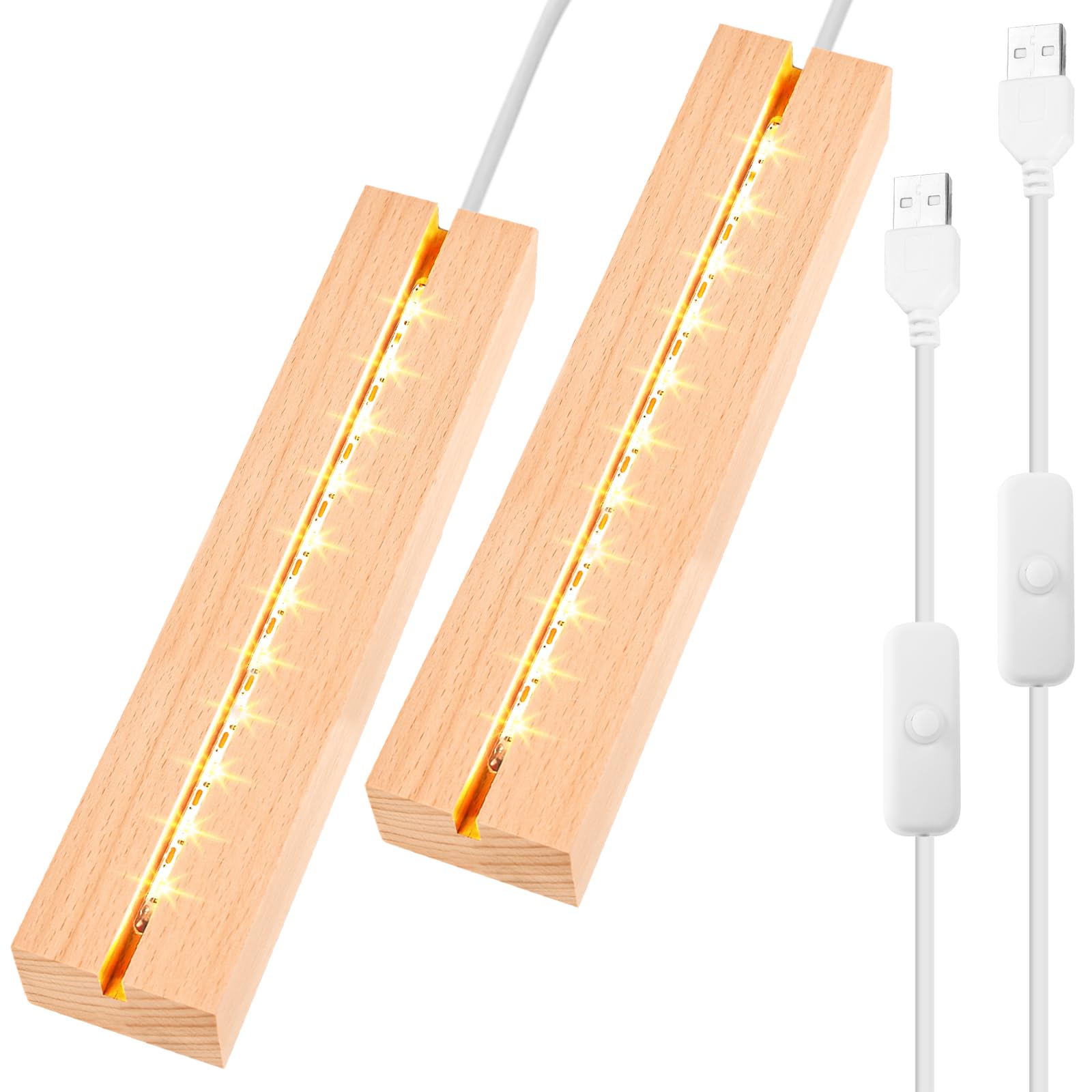 Set di 2 basi per display di luci LED, base per prese LED in legno, supporto per display di luci LED rettangolare, supporto per luci LED desktop, base illuminata USB in legno per luci LED, base per