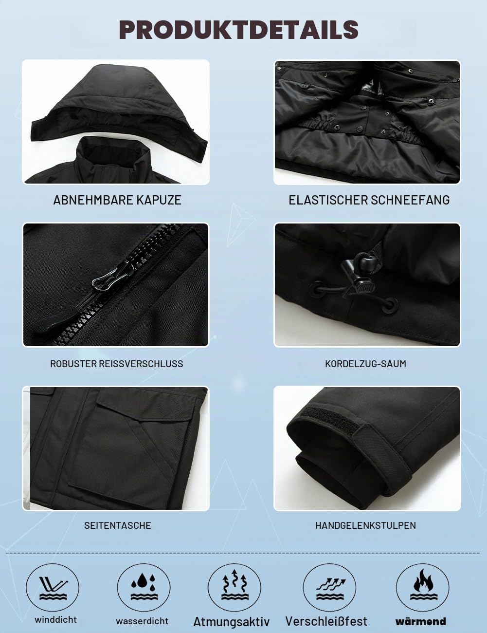 HOUZONIY Herren Skianzug Schneeanzug Atmungsaktiv Winddichte Schneehose Schneejacke mit Abnehmbare Kapuzen zum Skifahren Snowboarden Skisuit(Schwarz+Schwarz L)