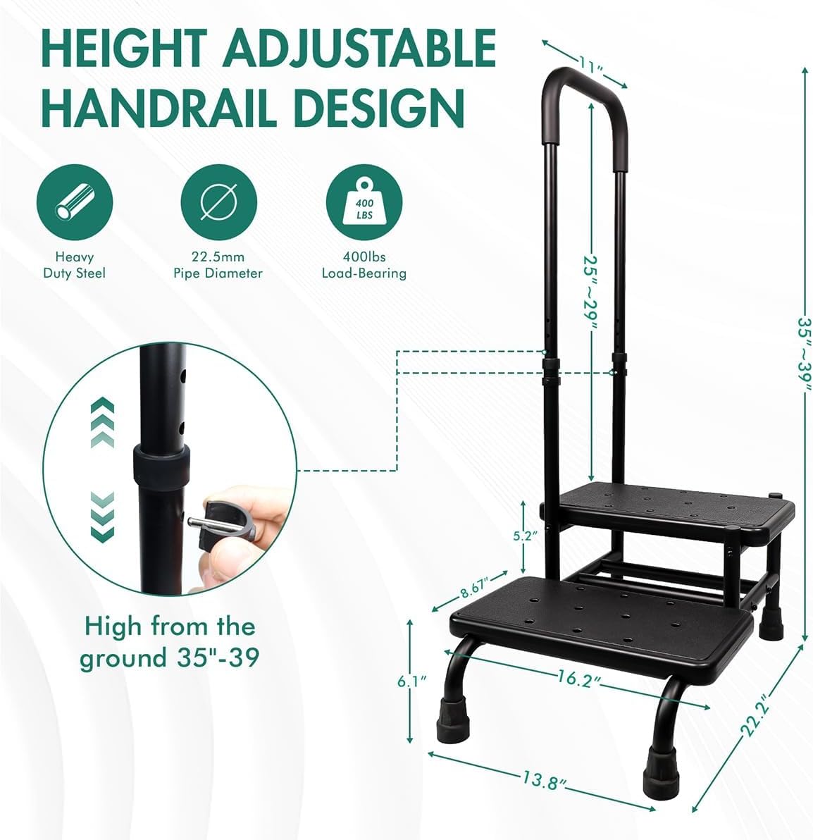 2 Step Stool with Handle, Height Adjustable Stepping Stool, Step Foot Stool with Non-Skid Platform & Luminous Strip, Holds up to 400 Pounds for Kitchen, RV, Car, Bathtub