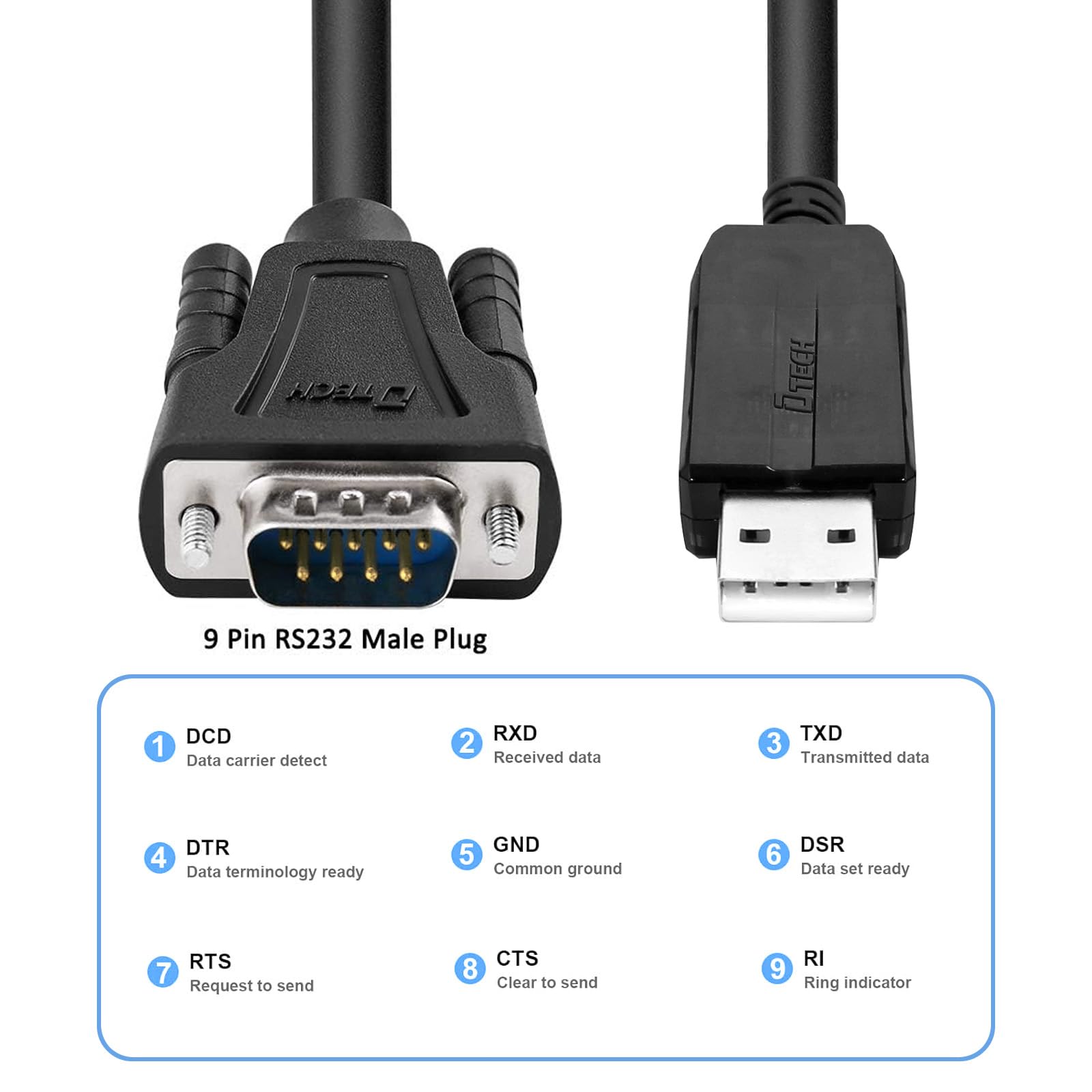 DTECH Cavo da USB a maschio RS232 - Adattatore da USB a porta seriale DB9 con indicatori LED, compatibile con Windows 11/10/8/7, Linux, Mac OS, spina per stampante, CNC, Industrial Equipmen (16M)