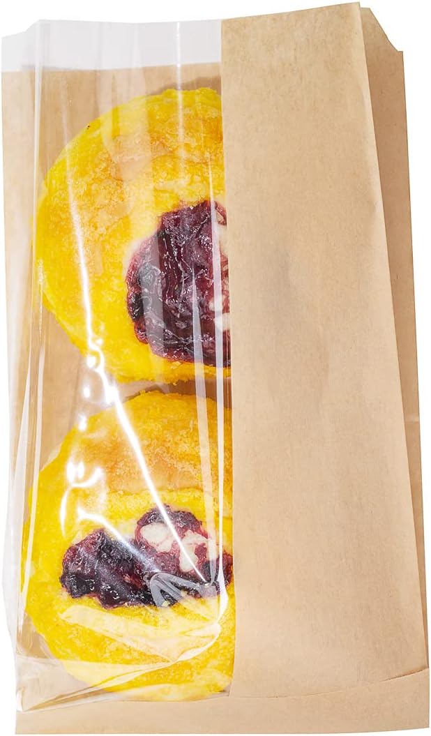 Restaurantware Bag Tek 6" x 2.5" x 10" Paper Bags For Snacks 100 Medium Paper Bread Bags - Disposable With Side Window Paper Kraft Snack Bags For Popcorn Cookies Fries And More
