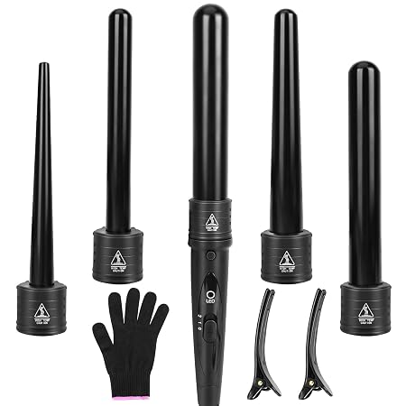 Curling Iron,5 in 1 Curling Iron Wand Set, Hair Curling Wands for Long Short Hair PTC Ceramic Curling Tongs with Adjustable Temperature Dual Voltage with Glove