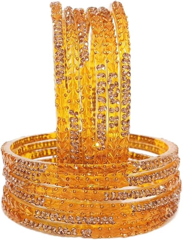 KAMAK Plain and Glossy Finished heart Raindrop Glass Bangle Set For Women - Pack of 12(GOLD COLOUR SIZE 2.6)
