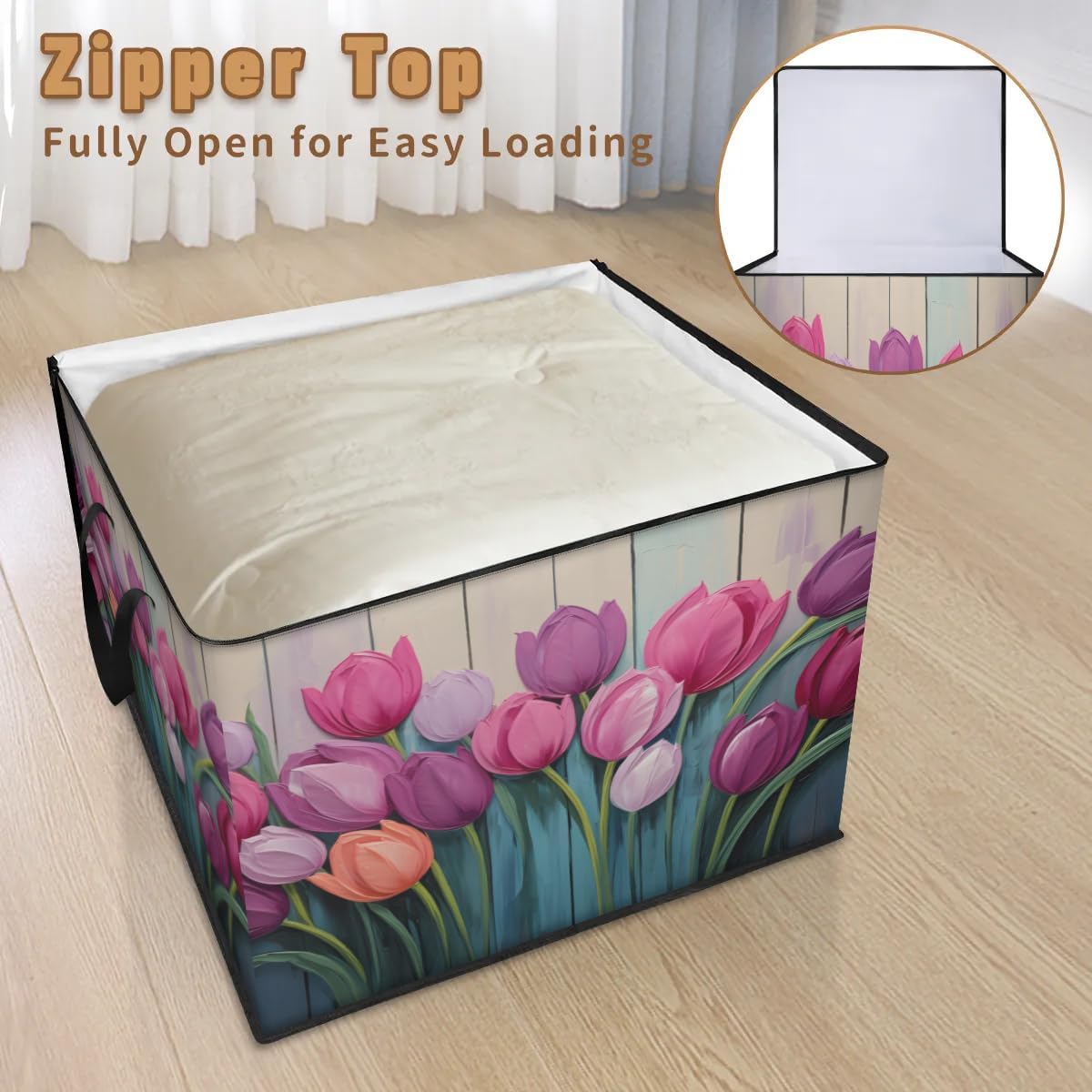 Honeybaby 214L Extra Large Comforter Storage Bag Farmhouse Flower Tulip Storage Totes with Lids Waterproof Closet Organizer Folding Blanket Storage Bags for Clothes Bedding Pillows