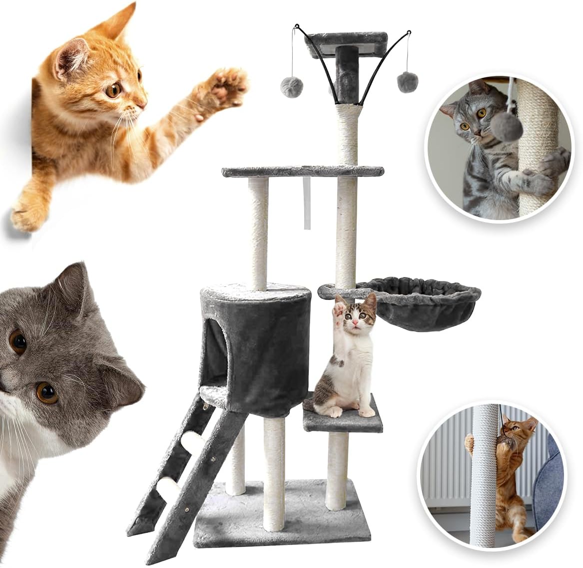 Diagram showing dimensions of the Raganet Cat Tree: 140cm height, 50cm length, 48cm base width, 40cm top platform width, 20cm top perch width, 30cm condo height, 34cm base to first platform height.