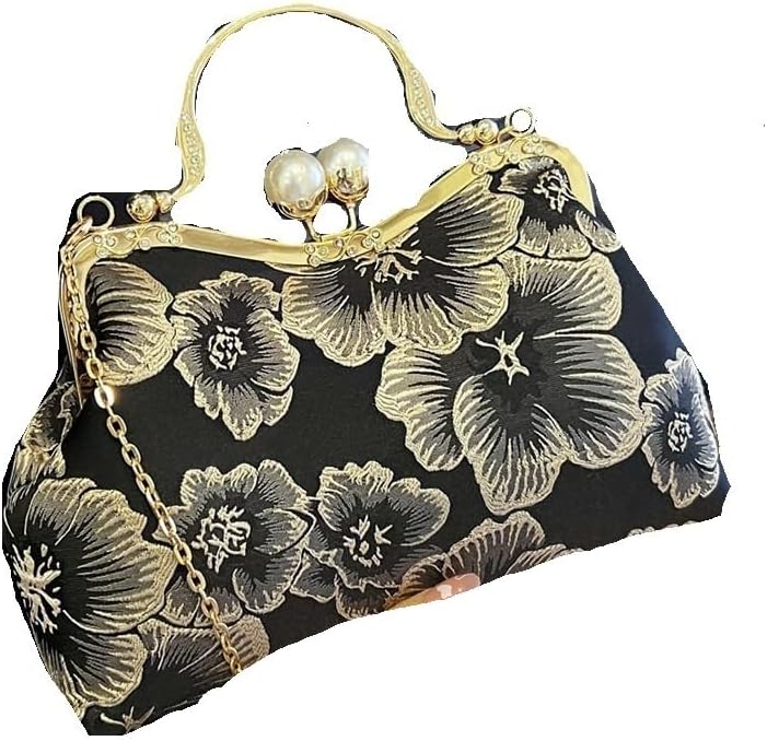Vintage Women Flower Purse and Handbags Evening Clutch Embroidery Chain Crossbody Bags Wedding Dinner Shell Clip Handle Bags (Black)