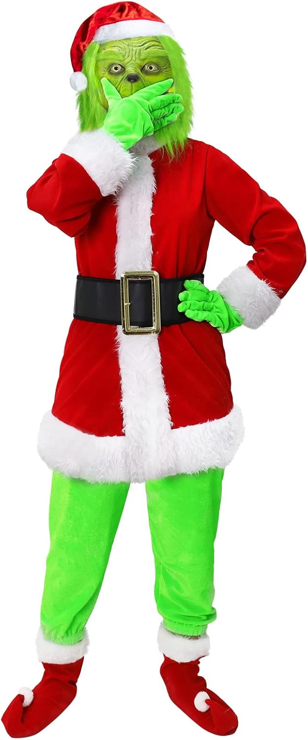 Green Big Monster Costume for Kids 6pcs Christmas Deluxe Furry Kids Santa Suit Green Outfit
