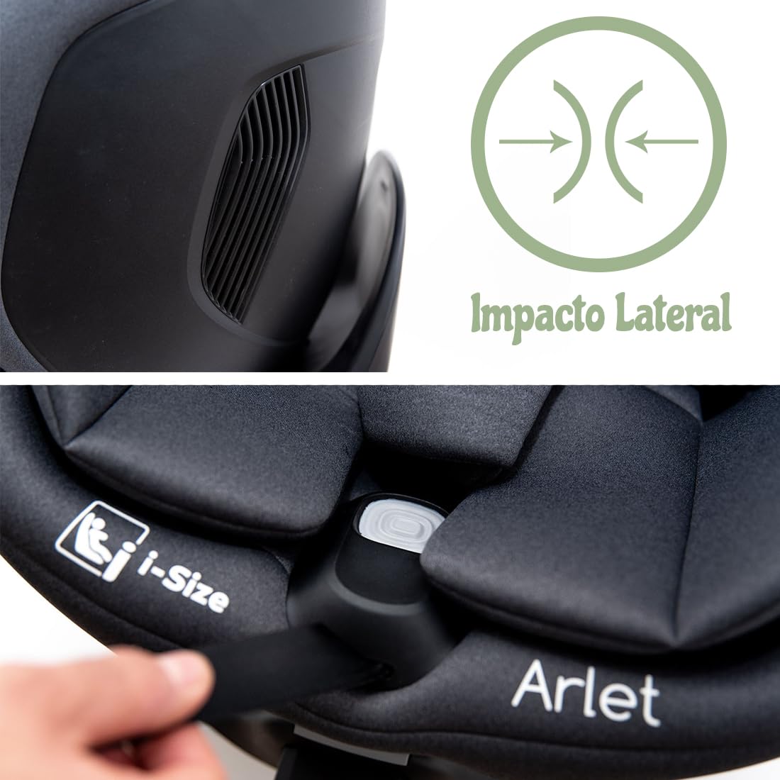 Olmitos – Silla Auto ARLET i-Size, Silla Coche 360 evolutiva de 40-150cm, Silla con ISOFIX, Ajustable y reclinable protección lateral – reductor recién nacido y arnes seguridad (Negro)