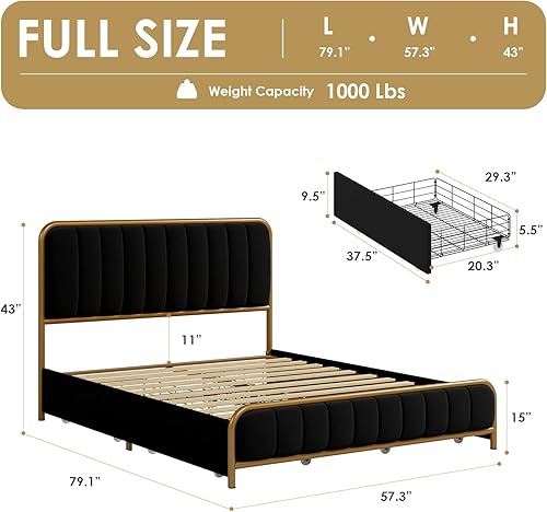 Miniatura 2 de HITHOS Base de cama tapizada de tamaño matrimonial con 4 cajones de almacenamiento y cabecero base de colchón de metal resistente con listones de