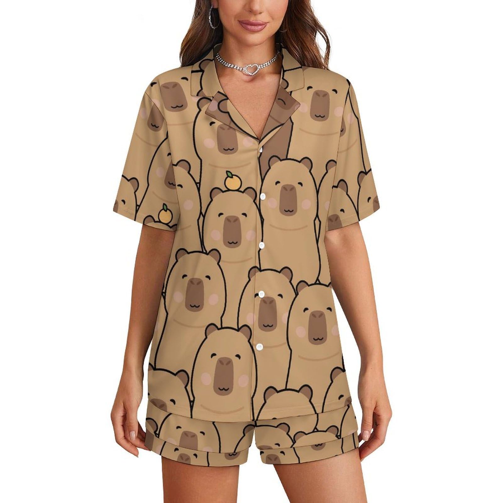 Asbwuo Unisex As Pic Women's Pajama Sets Funny Cute Capybaras With Orange Lounge Wear Set Short-Sleeved Pjs And Shorts 2 Piece