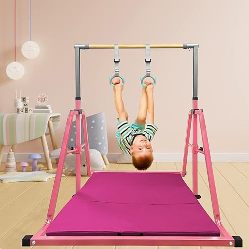 Miniatura 6 de Barra de gimnasia para niños con juego de anillos, 7 alturas ajustables, fácil de plegar, barra de entrenamiento de gimnasia para niños, barras