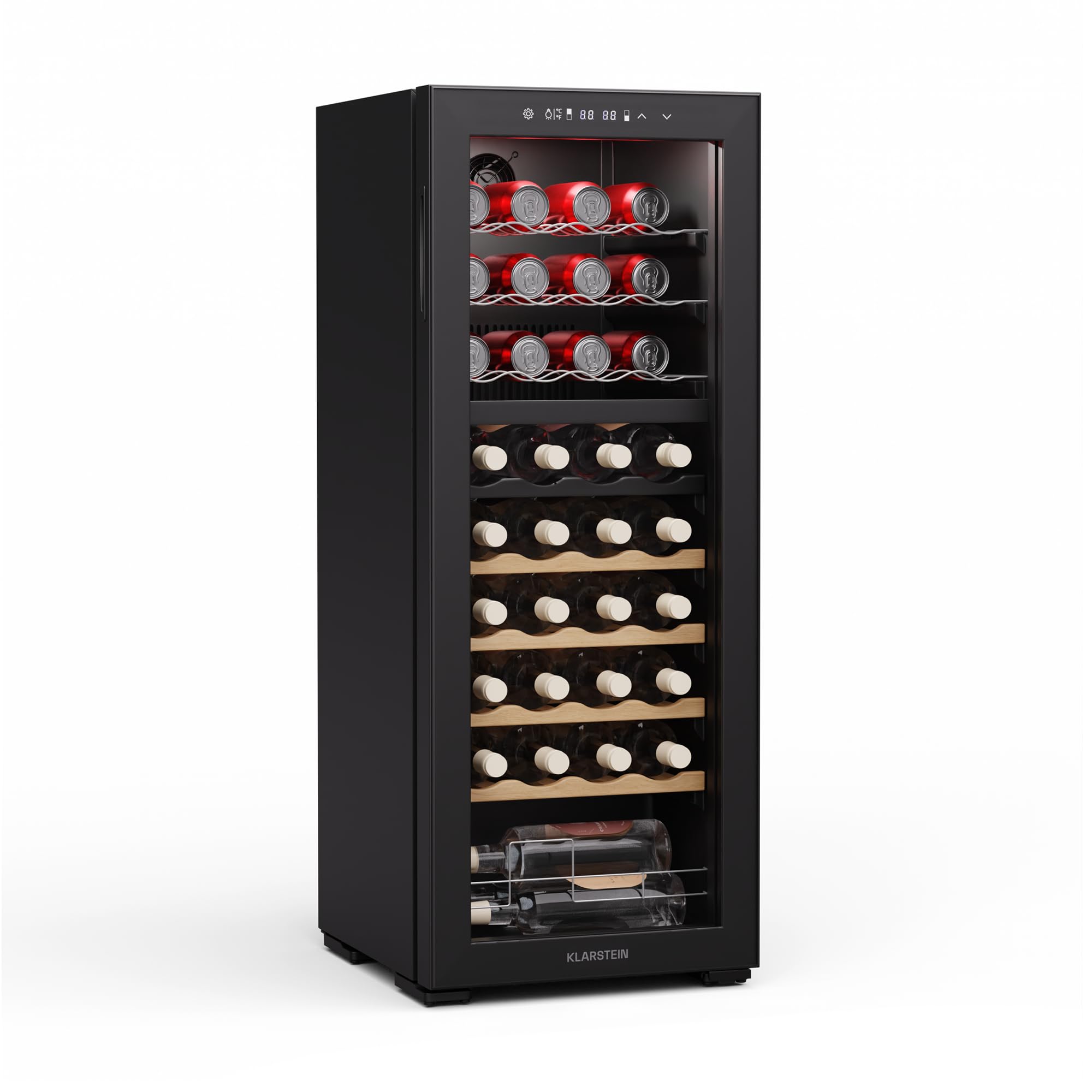 KLARSTEIN Bovella 36 duo+ vinoteca - 36 botellas, 2 zonas, 5-18°c, control táctil, iluminación led, protección uv, independiente, nevera vinos