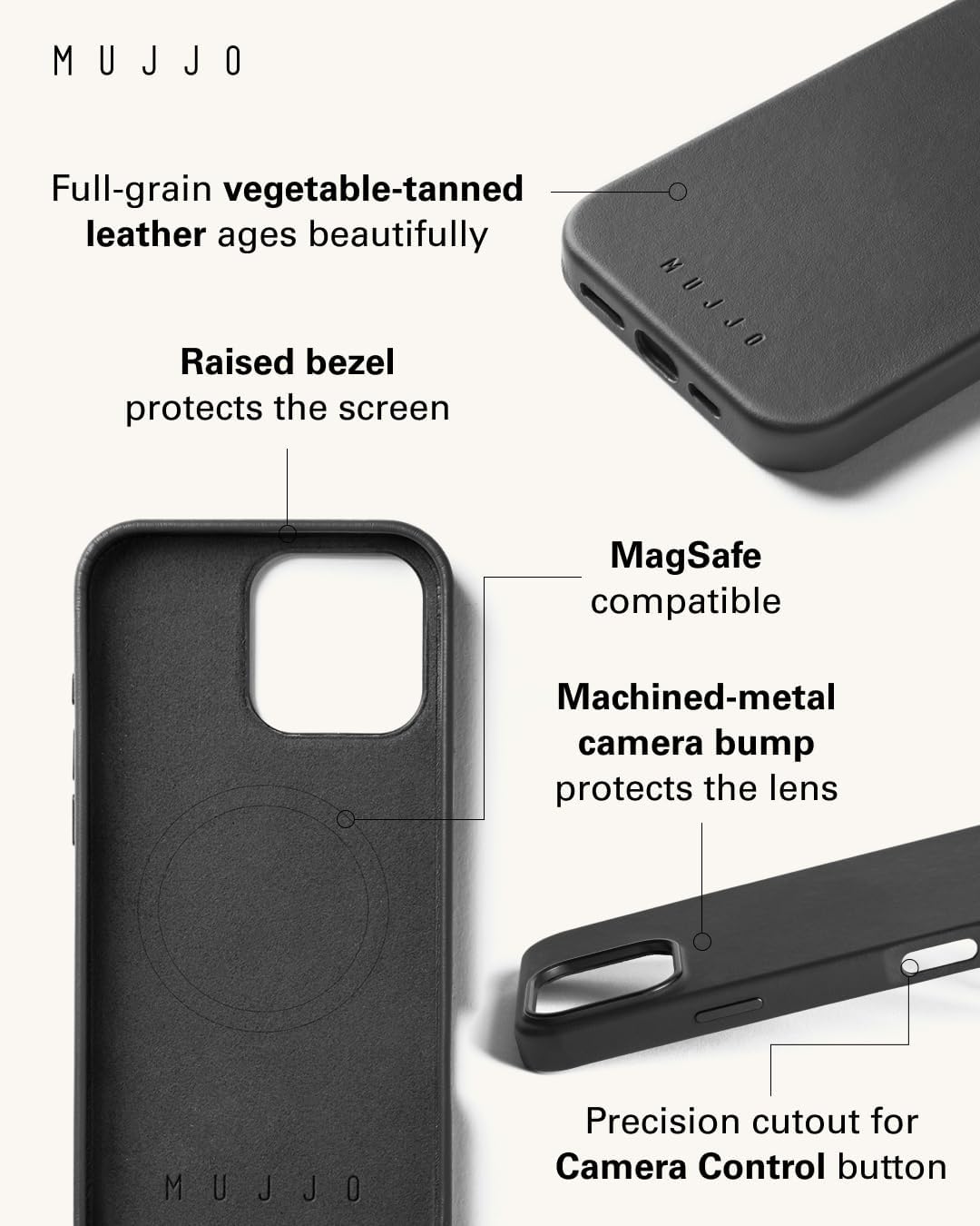 Mujjo Full Leather Case for iPhone 16 Pro Max – Best Leather iPhone 16 Case by NYT Wirecutter – Premium Velore Leather, MagSafe Compatible, Ultra-Durable Protective Design - Black