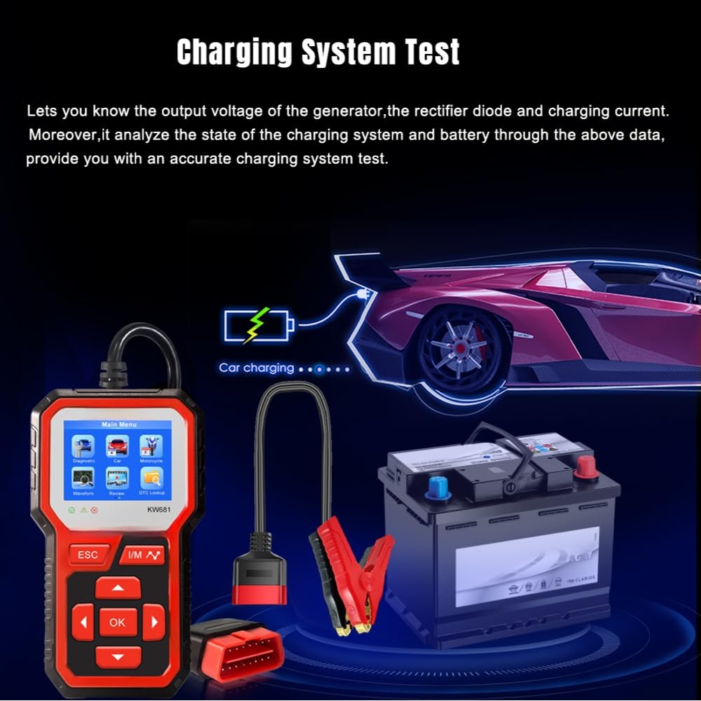 KW681 - Tester per batterie da 6 V/12 V per auto e moto, scanner diagnostico con lettura dei codici di errore e funzione di cancellazione, per batterie AGM, gel e acido, standard OBD2 (a partire dal
