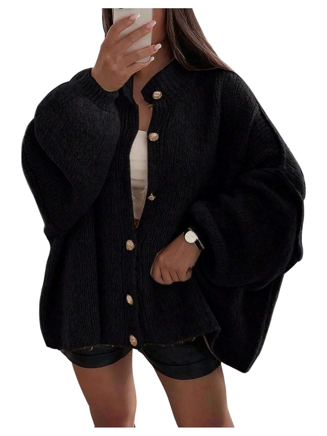 SweatyRocks Womens Oversized Cardigan Sweater Button Down Lantern Sleeve Cozy Sweater Jacket Coats