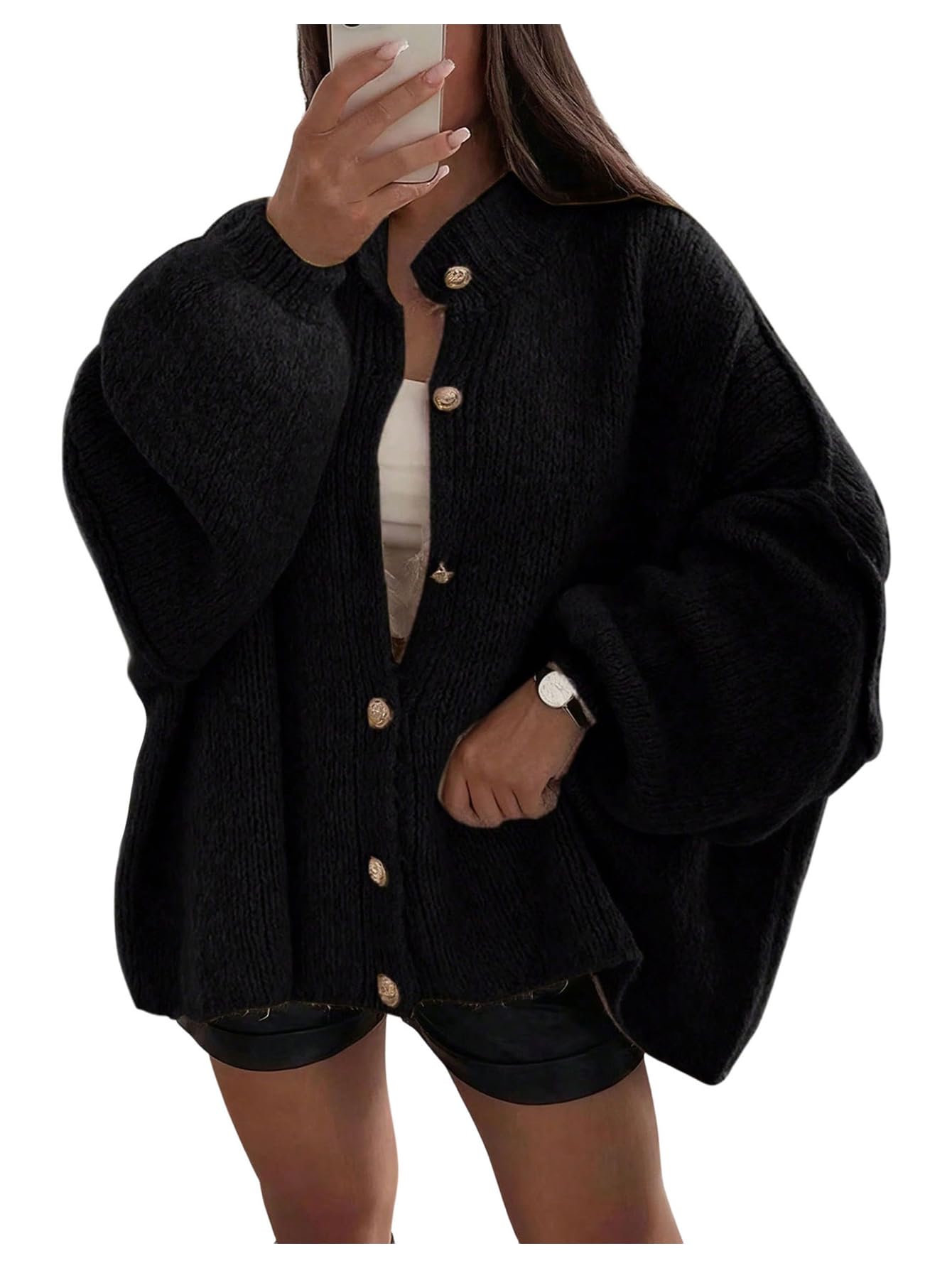 SweatyRocks Womens Oversized Cardigan Sweater Button Down Lantern Sleeve Cozy Sweater Jacket Coats