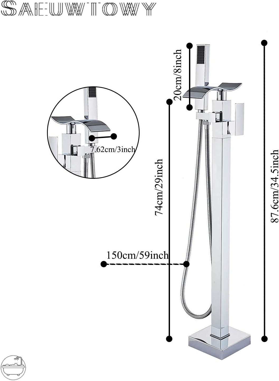 Bеѕt Prоmо Saeuwtowy Modern Freestanding Bathtub Faucet Floor Mounted Waterfall Spout Tub Shower Faucet Bathtub Filler single Handle with Handheld Spray Head,Chrome finish