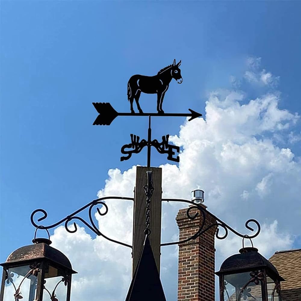 Weathervane,Metal Weathervane Garden Stake Wind Direction Indicator Weather Vane Wind Stainless Steel Outdoor Roof Garden Mount Yard Decor,Garden Yard Roof Mount Easy-Donkey||Black