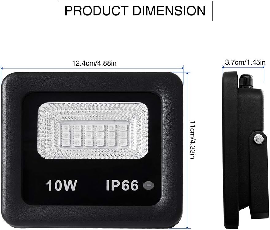 Diagram showing the dimensions of the LEACOCO 10W RGB LED Flood Light