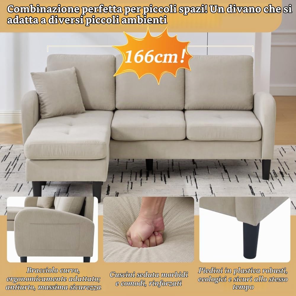 Divano angolare a L con chaise longue, tre posti, 166 x 118 x 77 cm, tessuto in velluto a coste traspirante, gambe in plastica, design modulare, ideale per il soggiorno (Marrone chiaro)