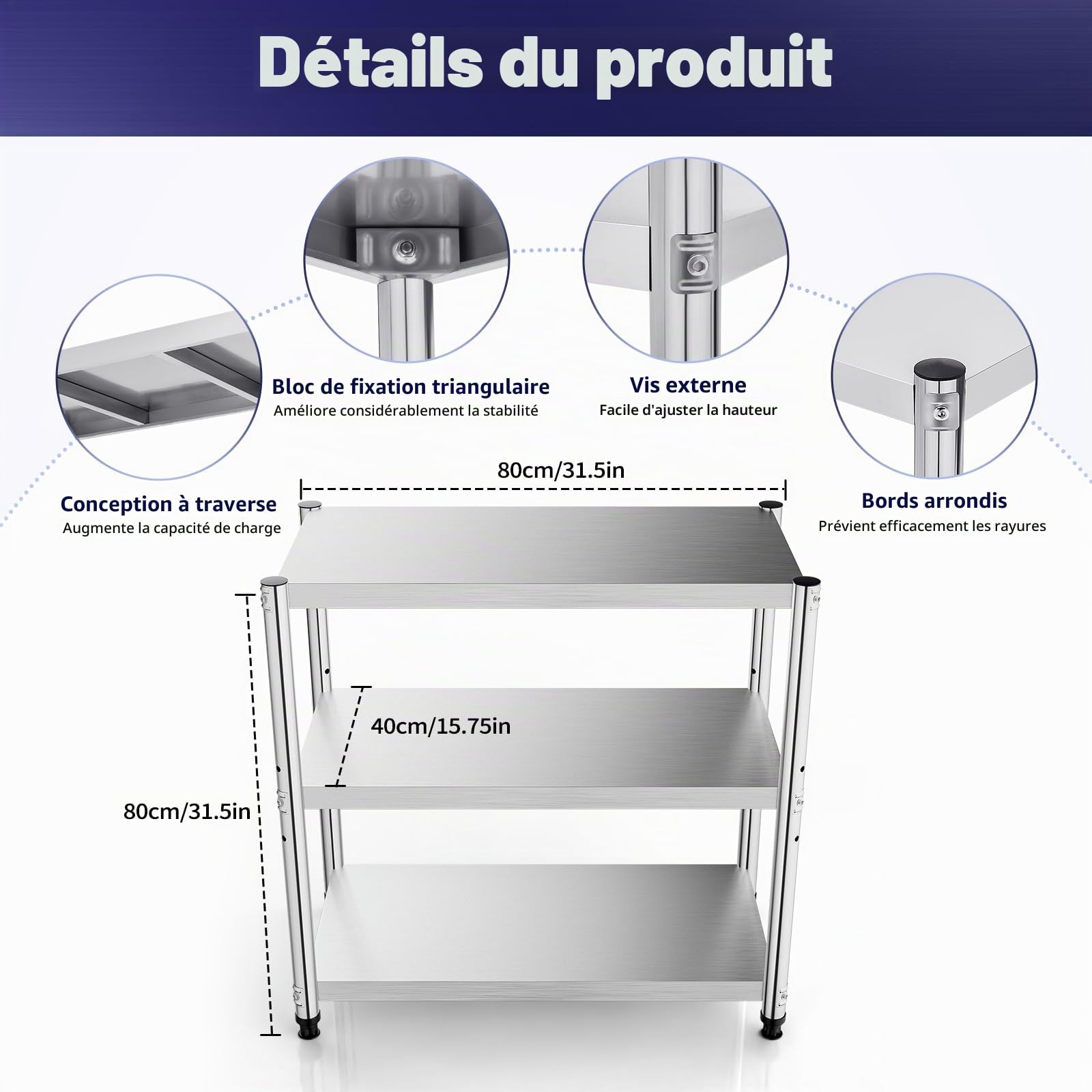 3 Niveaux Étagère de Cuisine,Etagère Rangement Acier Inoxydable,Etagere INOX Cuisine Professionnel,80x80x40cm Structure à Trois, Présentoir Multifonctionnel