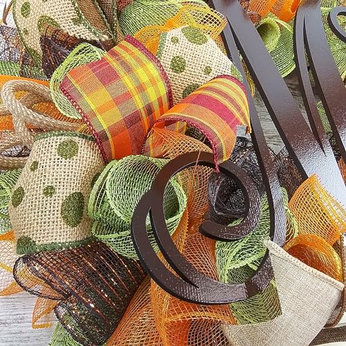 Yellow Welcome Fall Thanksgiving Autumn Door Wreath - Burlap Green Brown Orange White : F1 - Image 6