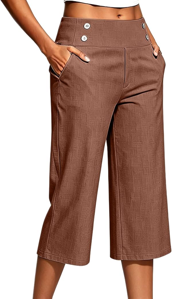 Capris de lino para mujer con bolsillos, pantalones capri de algodón, elegantes y casuales, cortos para verano