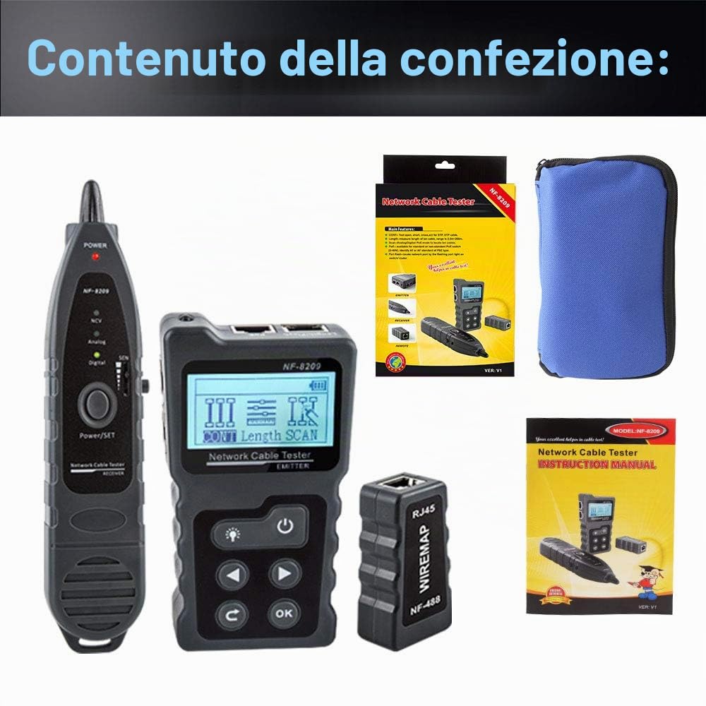 Tester NF-8209 care Tracker Strumento di rete Wiremap CAT5 CAT6 Misura della lunghezza del cavo Test PoE Funzione NCV
