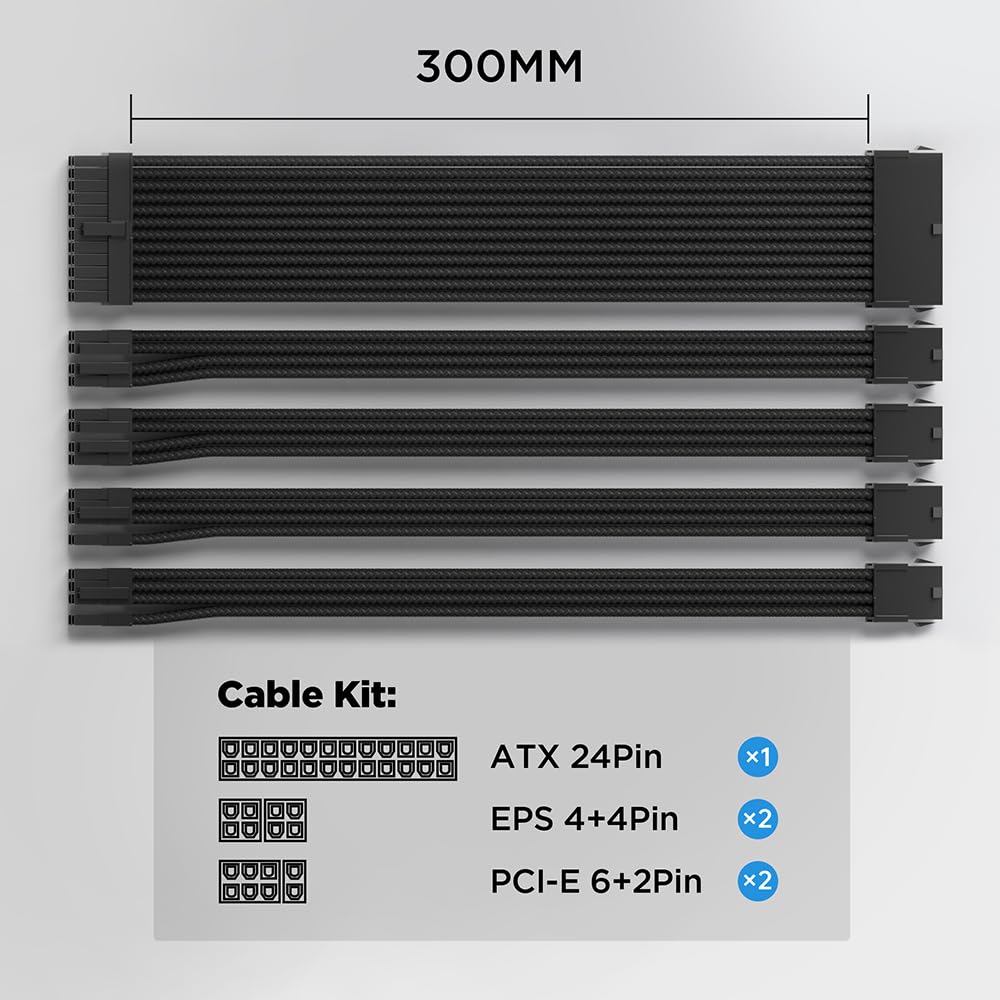 Generic PSU Cable Extension Kit 30CM Length with Cable Combs 1x24Pin/2x8Pin(4+4) EPS/2x8Pin(6P+2P) PCI-E/PC Sleeved Cable for ATX Power Supply (Black) (Black)