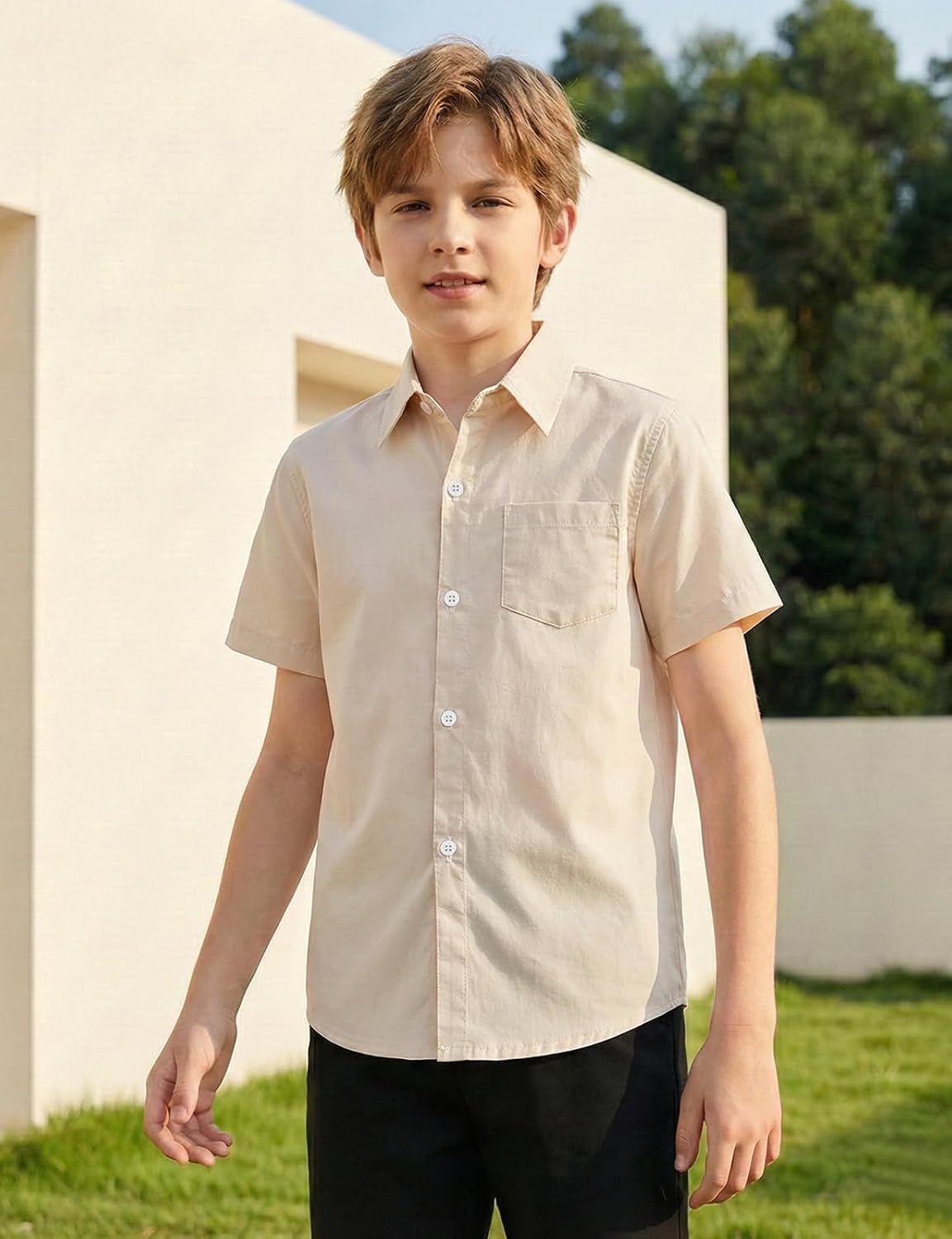 Spring&Gege Boys Cotton Dress Shirt Button Down Kids Short Sleeve Uniform Solid (2-14 Years) image 2