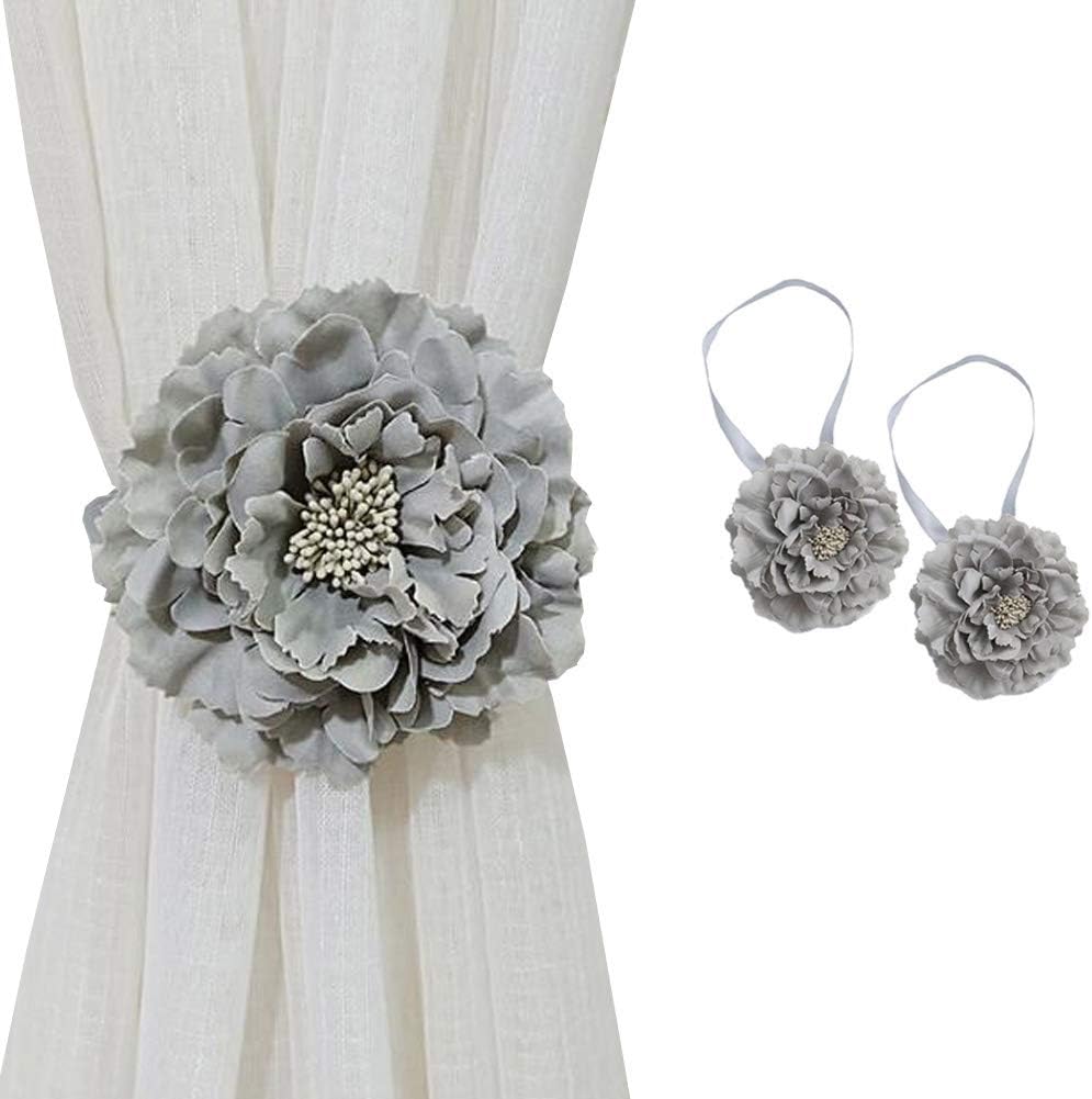 CHICTIE 2 Piece Large Cloth Flower Magnetic Curtain Tieback Wedding Decorative Holdbacks Rope American Rustic Style Drapery Holder Clip for Girl's Room (Grey)