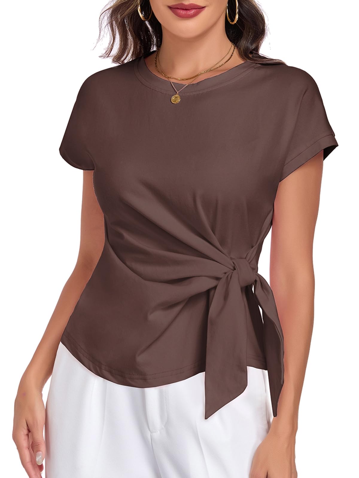 HOTIAN T-Shirt Damen Sommer Elegante Rundhals Basic Slim Fit Shirt mit Tailleband Casual Kurzarm Sommer Top