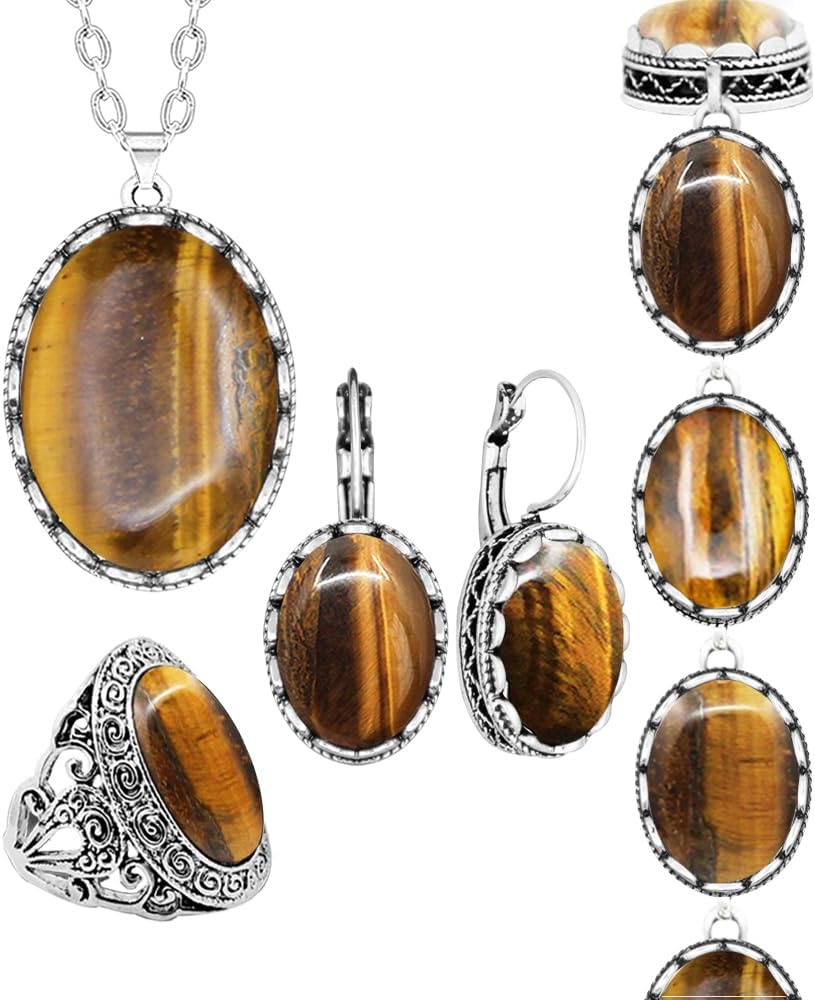 Vintage Look Natural Tiger Eye Set For Women Antique Real Silver Plated Stone Necklace Earring Ring Bracelet Flower Pendant Fashion Jewelry